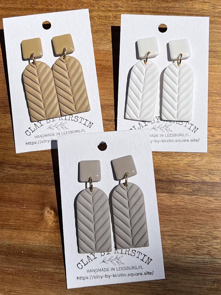 Herringbone Clay earrings neutrals, gold colored accents for wholesale by Clay by Kirstin