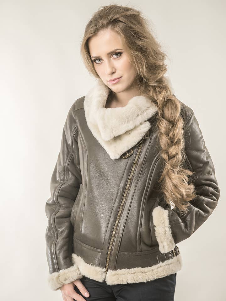 Brown Shearling Leather Biker Jacket with Merino Fur for wholesale by Buy Me Fur