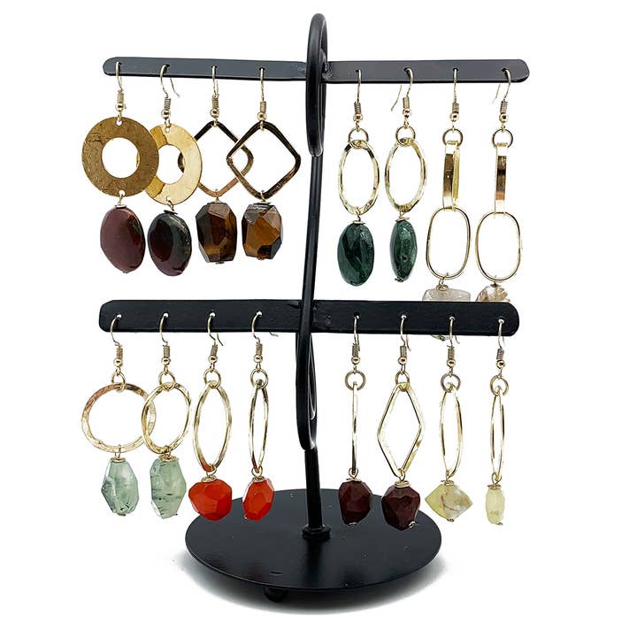 Gold Plated Semi-Precious Stone Long Earrings and Display for wholesale by Anju Jewelry