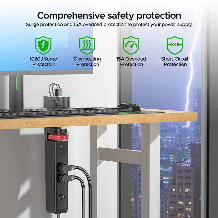 Rocket Socket Technology - Wholesale Power Adapter - CRST Under-Desk Clamp Power Strip with 3 AC Outlets & 3 USB Ports (1 USB-C), 1020J Surge Protector, 6FT Flat Plug Extension Cord, Easy Mount Desk Charging Station for Home Office6