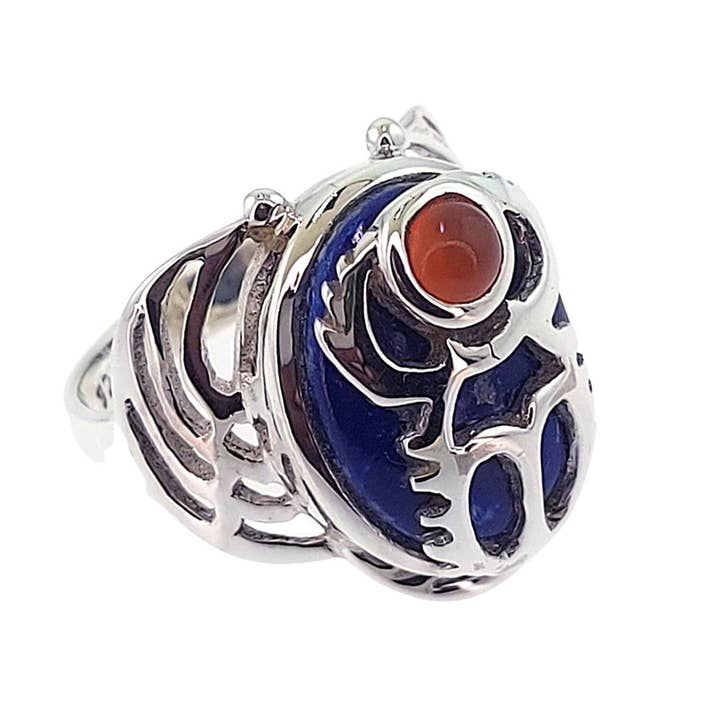 Crystal Earth Sterling - Vente Bague de cocktail/de cérémonie - La vie et le scaroube égyptien inspirés - Lapis et cornaline2