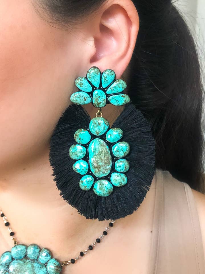 The Roan Earrings - Turquoise With Black Fringe for wholesale by Nomadic Brunette