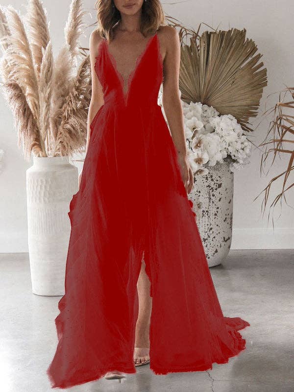 Plush Looks - Wholesale Dress - Women's - Wedding Deep V Neck Backless Lace Split Maxi Dress5