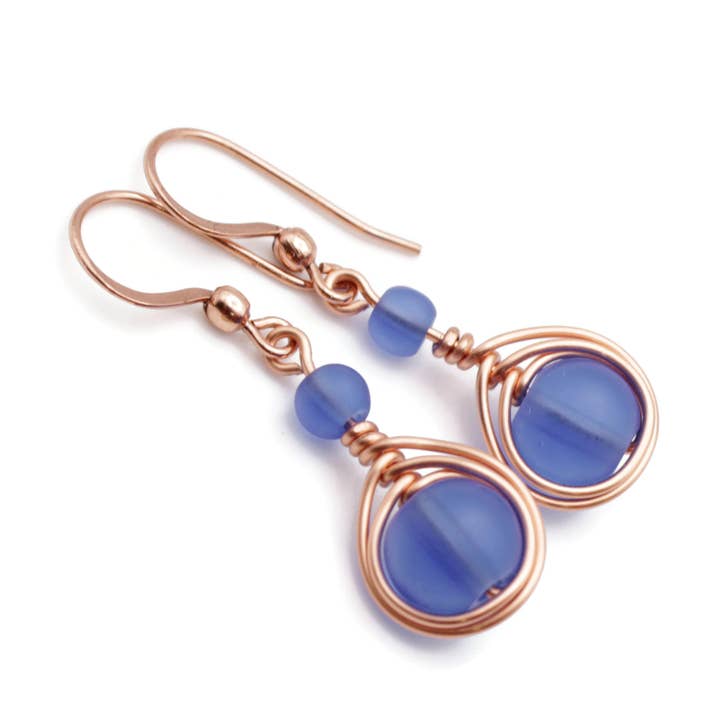 Copper and Royal Blue Sea Glass Wire Wrapped Earrings for wholesale by Pillar of Salt Studio