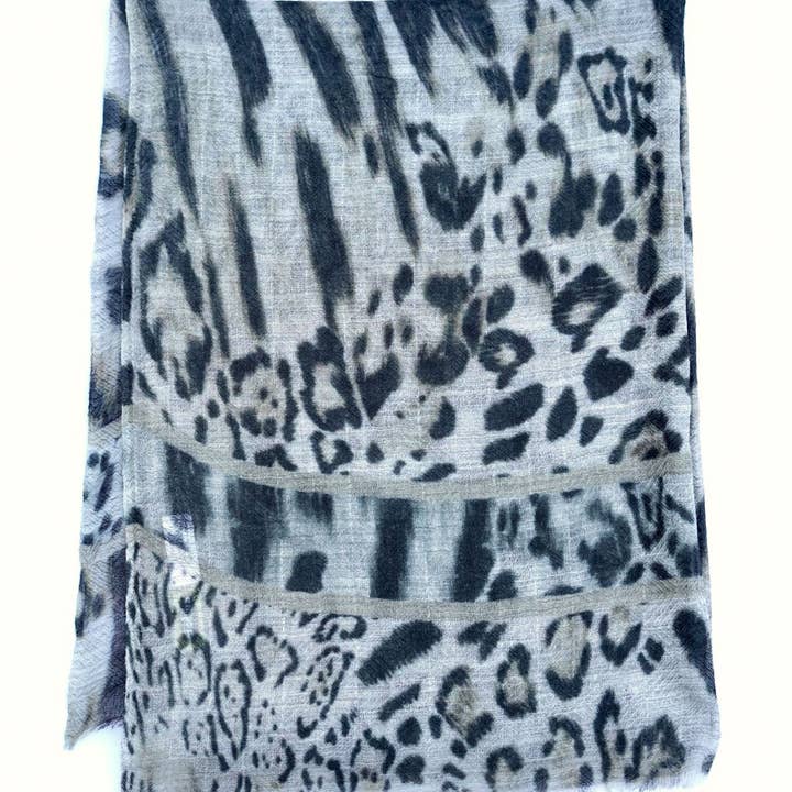 Himalayan Leopard Print Wool Scarf/Wrap Grey for wholesale on Faire