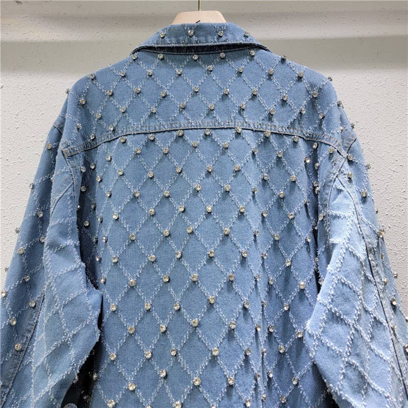 bleu Veste en jean chic avec sequins en motif diamant en vente sur Faire4