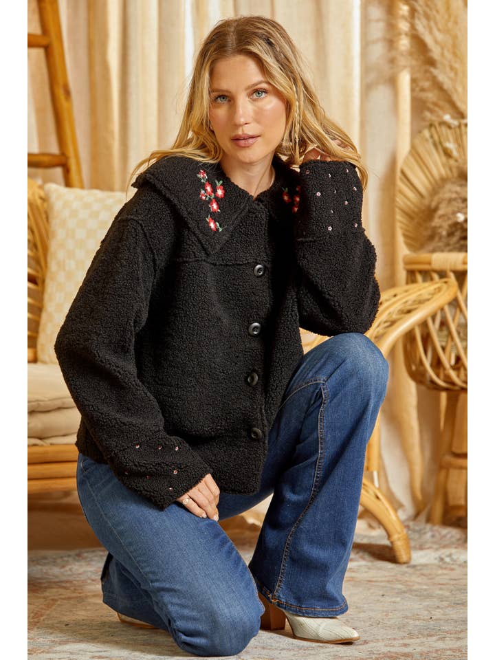 BLACK <SALE> Embroidered Floral Faux Fur Jacket J10152 for wholesale on Faire