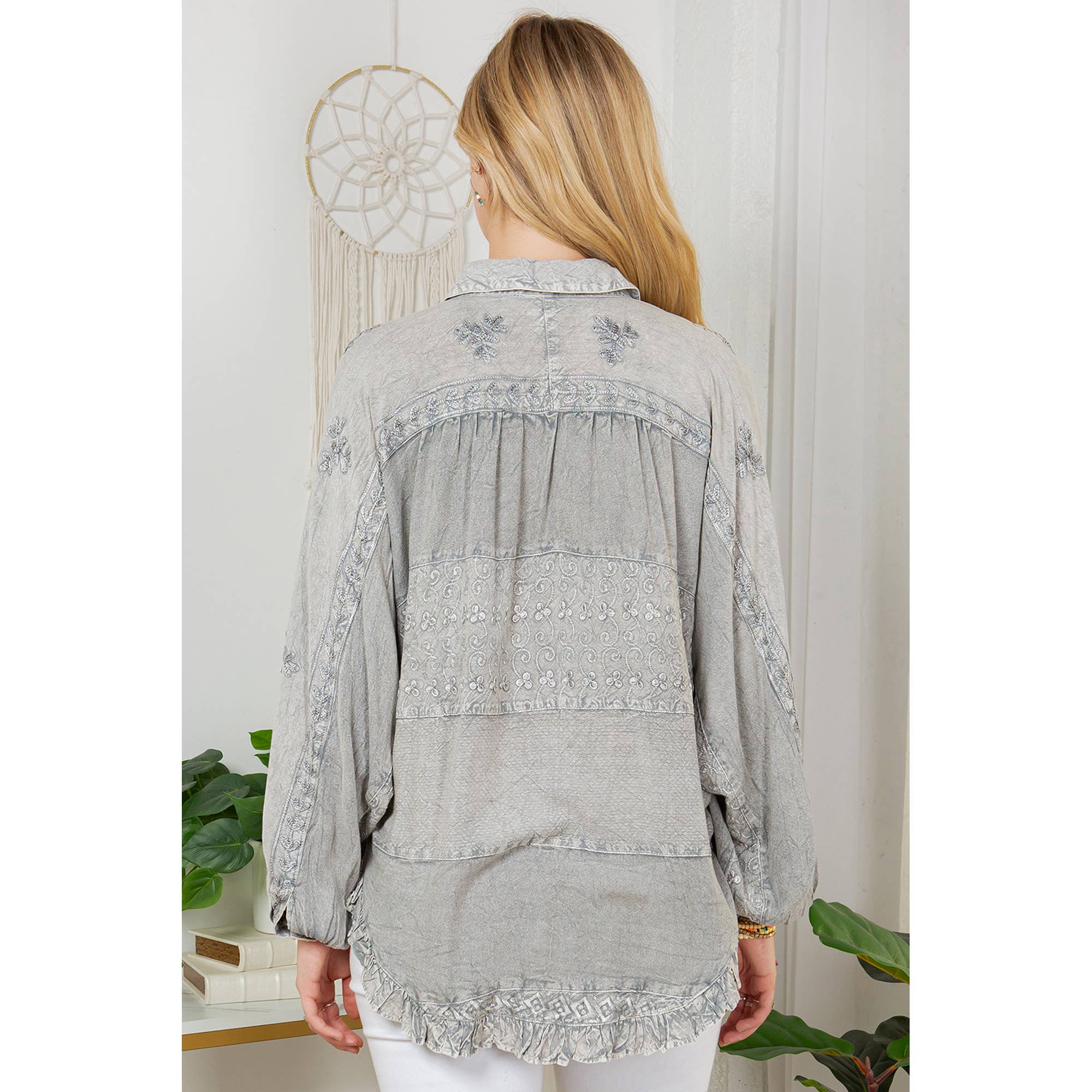 Grey Bohemian Stonewashed Rayon Bat Sleeves Top With Shirt Collar for wholesale on Faire3