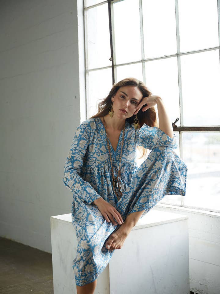 The Fox and The Mermaid - Wholesale Dress - Women's - Block Printed Cotton Bell Sleeve Dress (Gold/Blue)