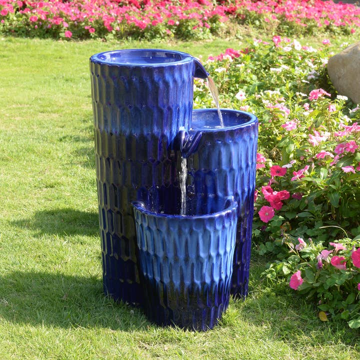 Blue Ceramic Fountain - Serenity in Simplicity, No Lights for wholesale by Hi-Line Gift Ltd.