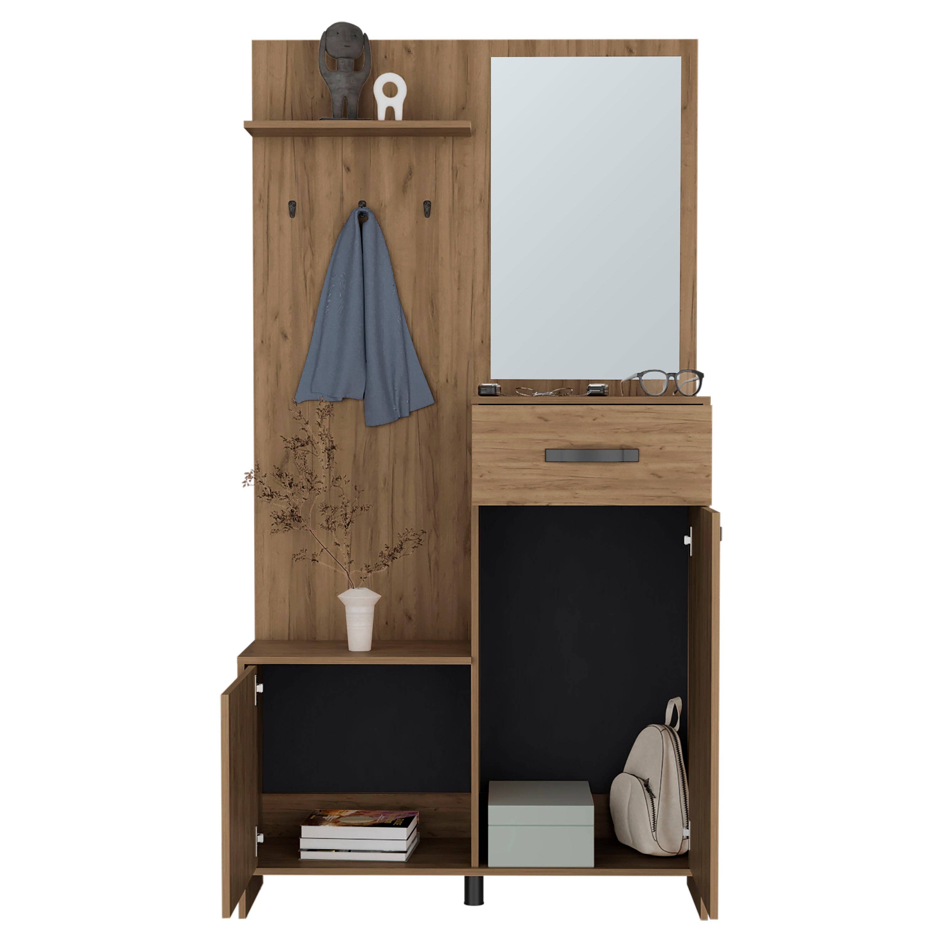 Natural Oak Parker Mirrored Tree Hall with Hangers, Three Shelves, Two Cabinets, One Drawer, Entry way, Console Table, Living Room 75" Tall for wholesale on Faire3