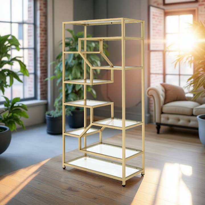 Greenwestons - Wholesale Bookcase - Modern 9-Shelf Gold Bookcase - 77"Height Glass Display Shelf0