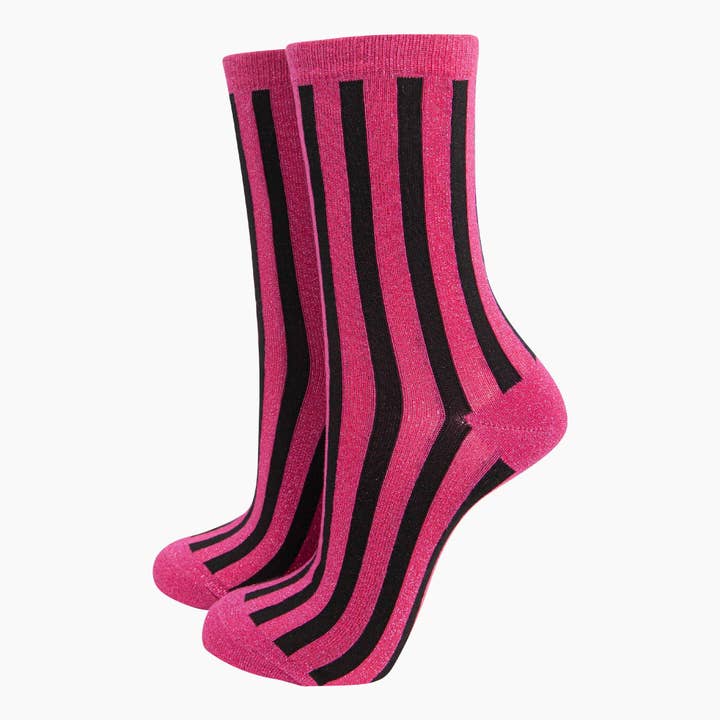 Women's Glitter Socks - Hot Pink/Black, Stripes for wholesale by Sock Talk