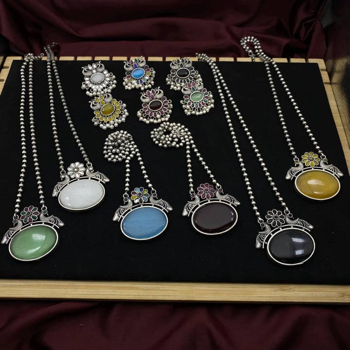 Oxidized Silver Floral & Peacock Necklace Set With Earrings for wholesale by Quirky Fashions