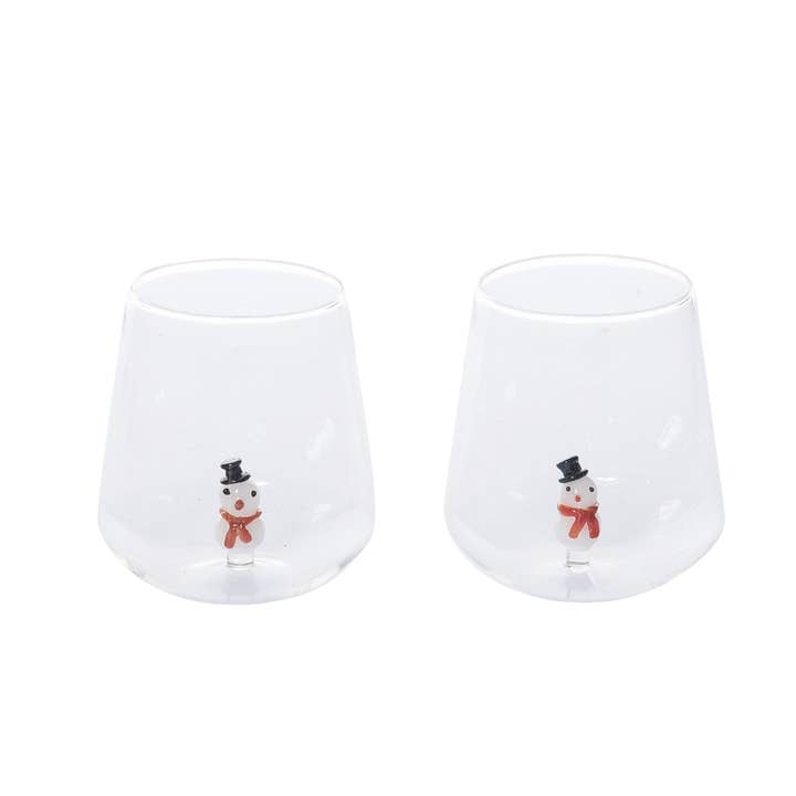 Transpac - Wholesale Wine Glass - SALE 9.25" Christmas Molded Snowman Stemless Wine Set 2