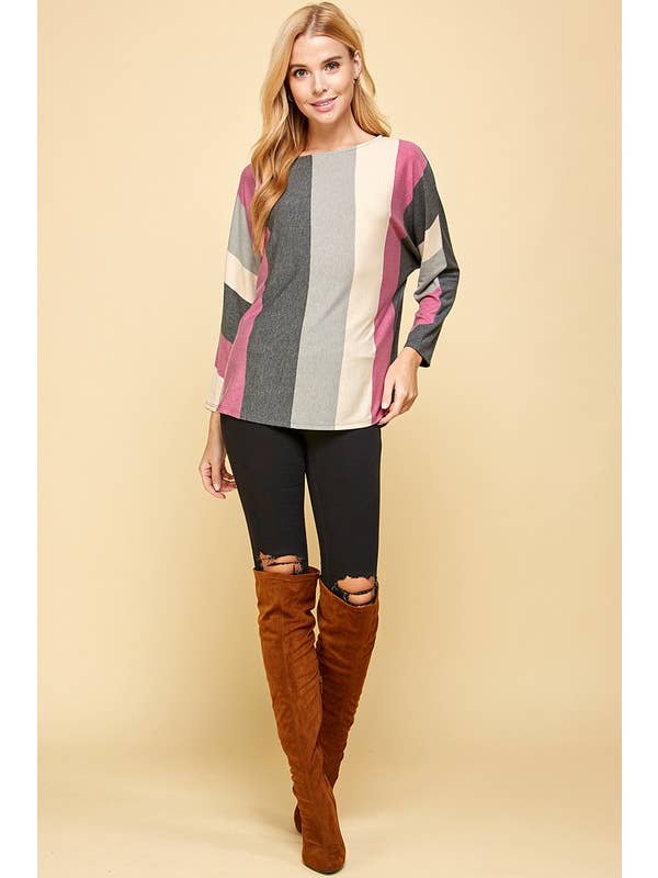 Emerald Collection - Wholesale Tunic - Women's - ETK-8579 Striped Dolman Sleeves Top 6