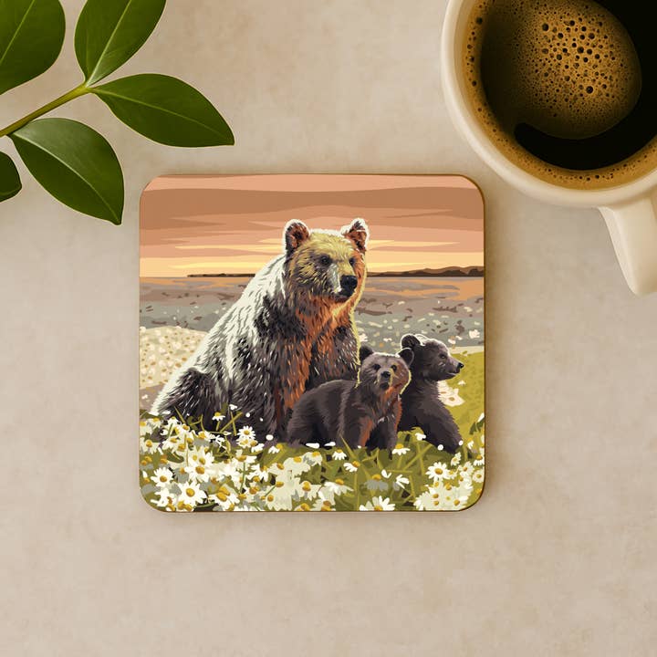 Grizzly Bear Family Meadow Sunset Cork Coaster for wholesale by WE Travel Art