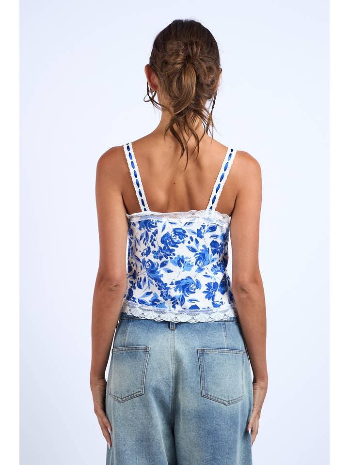 NAVY FLORAL FRONT HOOK&EYES CAMI CROP TOP for wholesale on Faire