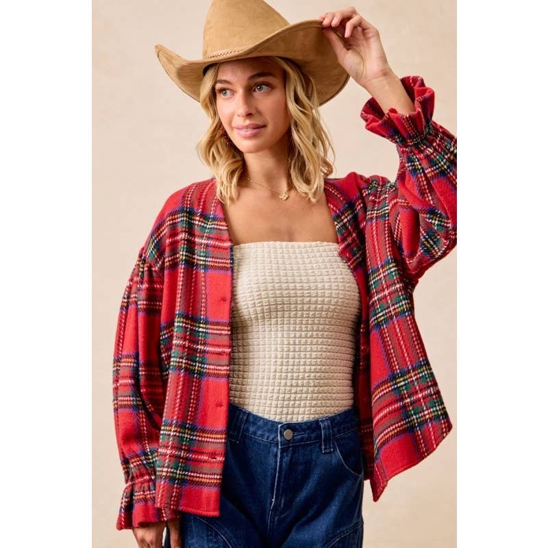 Christmas Plaid V-neck Elastic Ruffle Cardigan Top for wholesale on Faire3