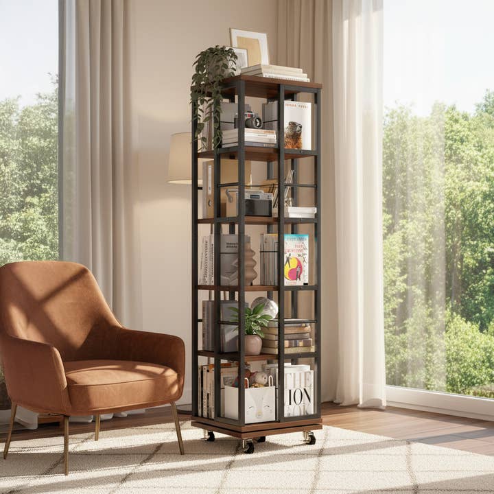 5 Tiers Rotating Bookshelf, Corner Bookcase, 360 Display Wood Spinning Bookshelves, Floor Standing Bookcase Narrow Shelf, Rustic Brown for wholesale by HOMYCASA DESIGN INC