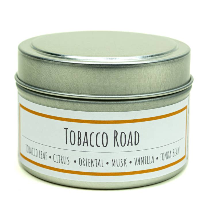 Tobacco Road scented 3 oz. soy candles in travel tins for wholesale by Lit Up Candle Co.