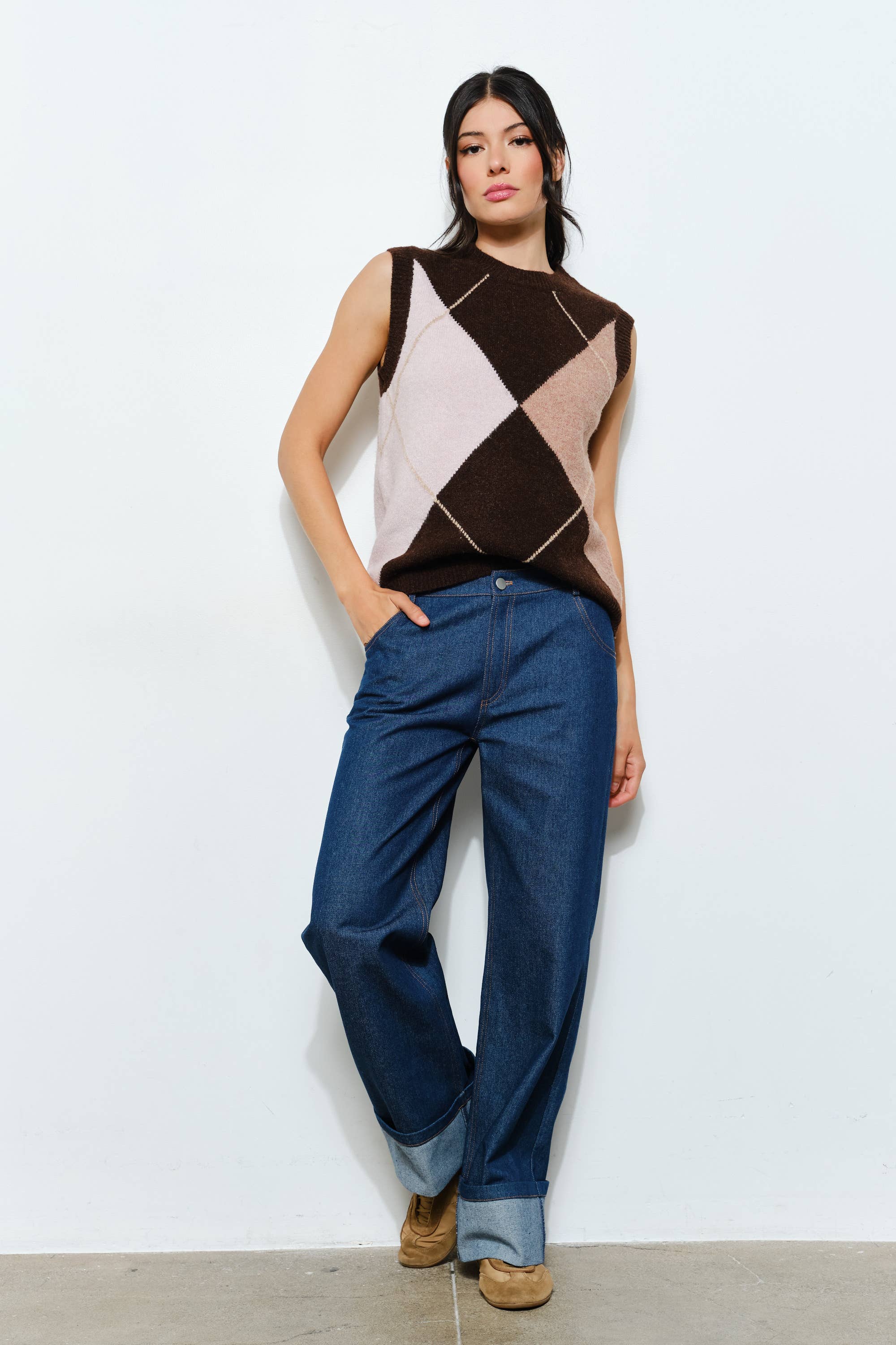 Marrón Multi CHALECO DE ARGYLE JORDYN - Preppy, de punto, para todos los días de venta al por mayor en Faire2