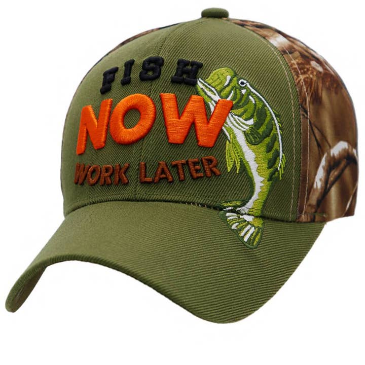 Cap Zone - Vente Casquette de baseball – unisexe - Casquette de baseball en acrylique Fish Now Work Later Hunt Camo