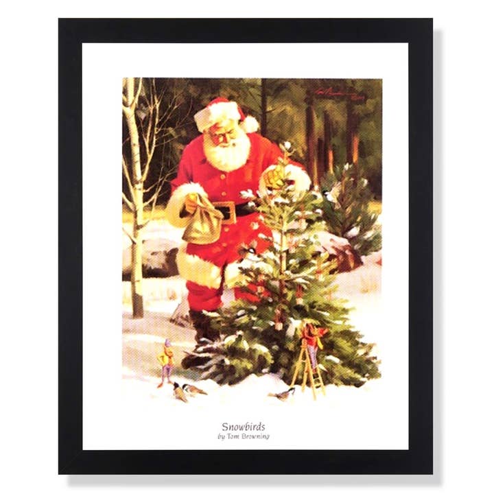 Old St Nick Santa Clause Decorating Outdoor Pine Tree with Elves by Tom Browning #7 Christmas Art Print Black Frame + Glass 19x23" Perfect for Festive Holiday Fireplace Mantel for wholesale by Unlimited Potential LLC