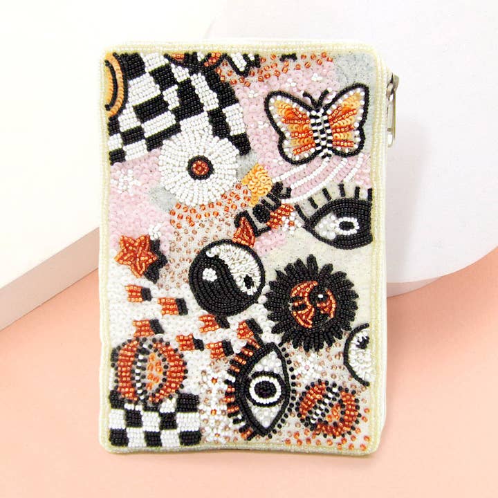 Sac bandoulière message d'amour papillon en perles de sequins et de graines pour la vente par Sensibling Corp.