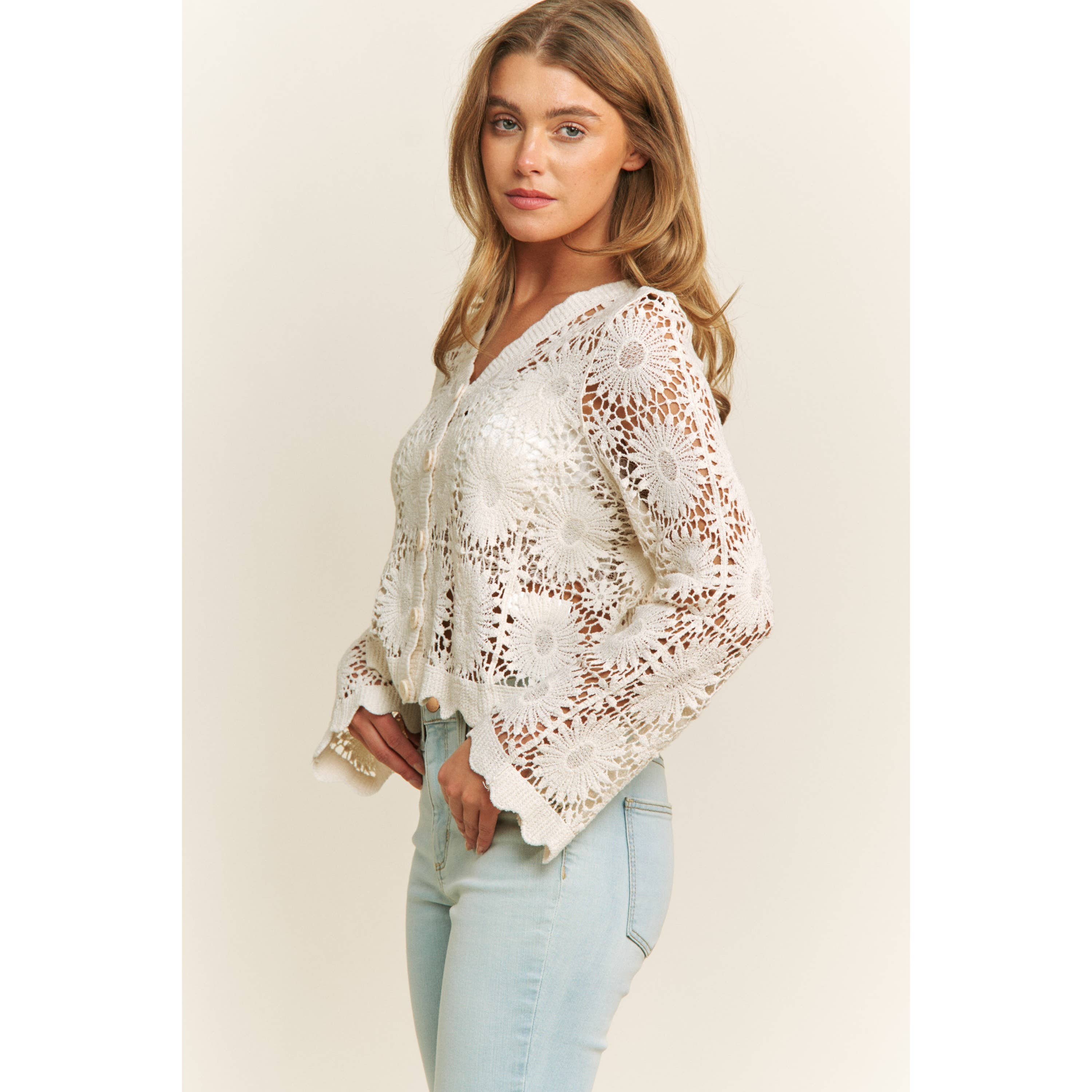 Sweet Generis - Wholesale Lounge Top - Women's - SCALLOP LACE FLORAL CROCHET BUTTON DOWN TOP6