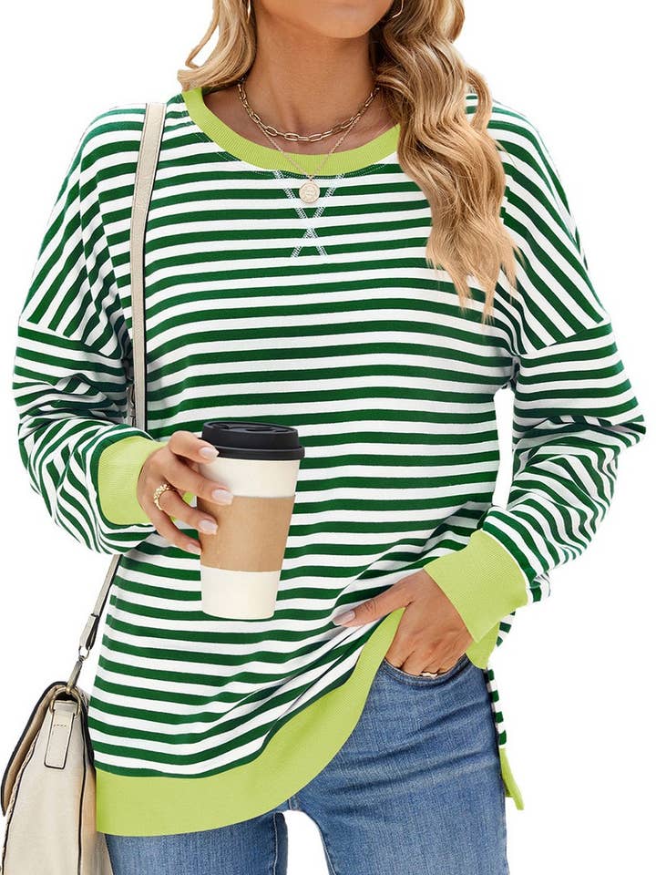 CWTBLL1198_CONTRAST COLOR ROUND NECK STRIPED SWEATSHIRT for wholesale by NINEXIS
