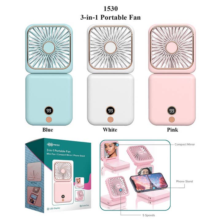 Tech Trendz - Wholesale Handheld electric fan - 3-in-1 Portable Fan, Mirror & Phone Stand4