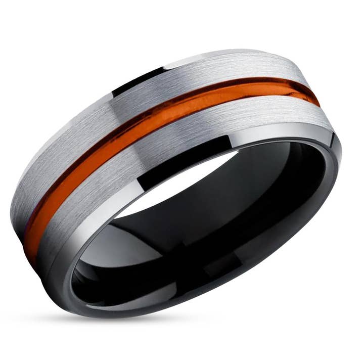 Alliance orange - Bague de mariage en tungstène - Bague de mariage en tungstène noir pour la vente par Lucky Love Rings