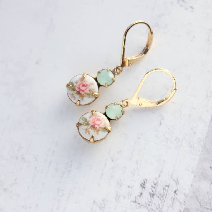 A Pocket of Posies - Wholesale Dangle Earrings - Small Drop Earrings - Vintage Glass - Pink Rose and Mint