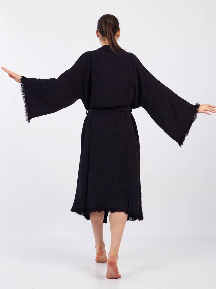 Solid Color Black One Size Kimono, Soft Cotton Bathrobe for wholesale by Yaz Concepts