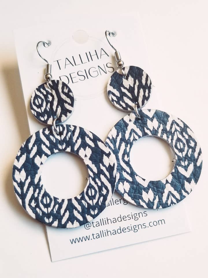 Navy and White Geometric Genuine Leather Sadie Earrings for wholesale by Talliha Designs