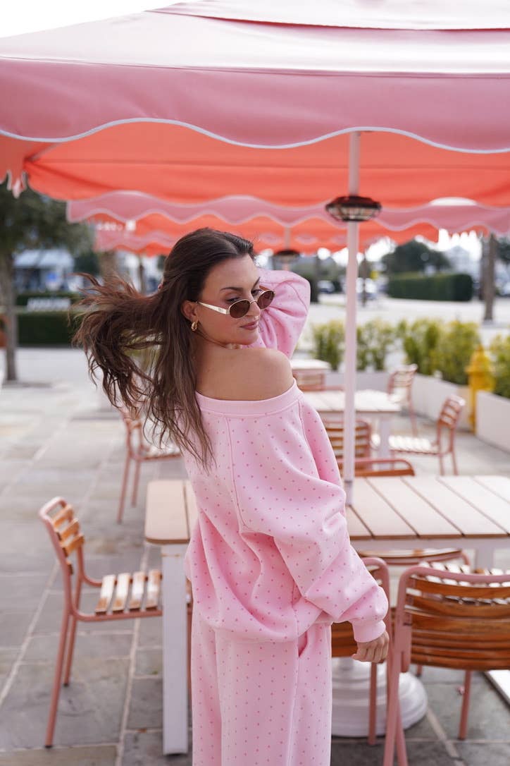 Sunkissed Coconut - Wholesale Sweatshirt - Women's - Light Pink Polka Dot Off The Shoulder Sweatshirt14