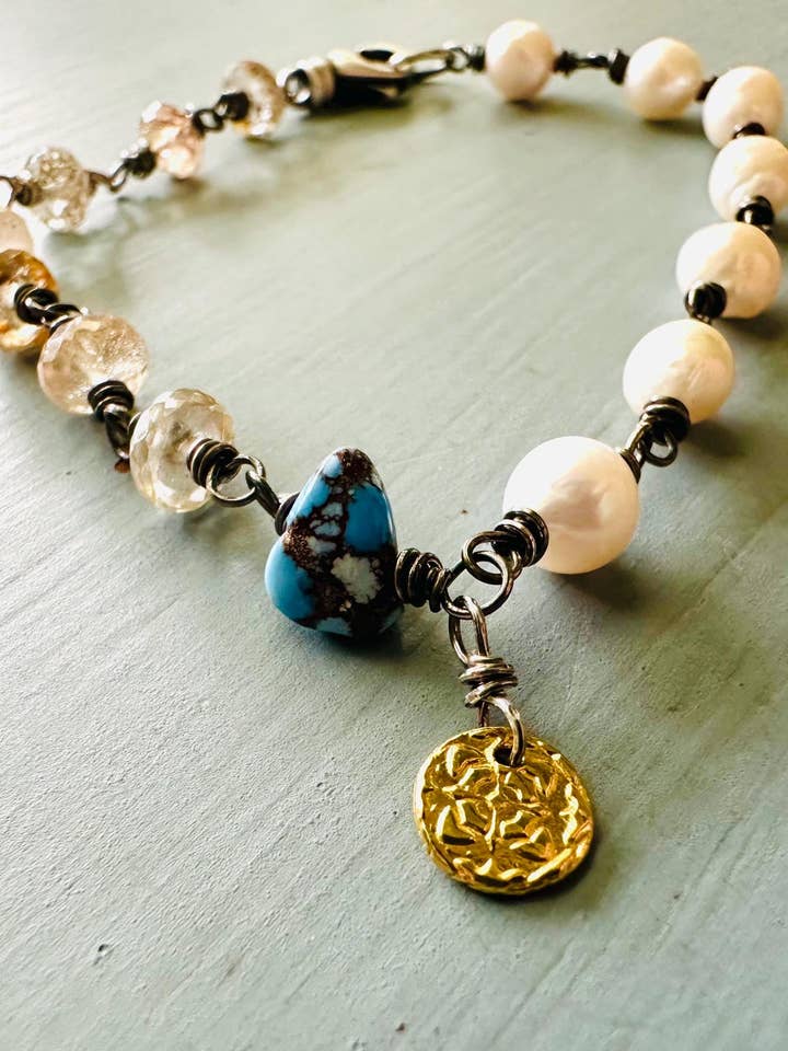 Bohemian Pearl & Imperial Topaz 22K Gold Charm Bracelet for wholesale by Peaces of Indigo
