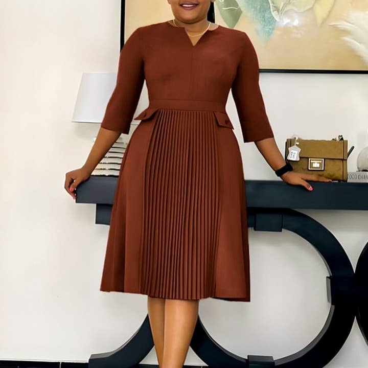 ACCITY - Wholesale Dress - Women's - OVERSIZED PLEATED THREE-QUARTER SLEEVE DRESS_CWDSD6088