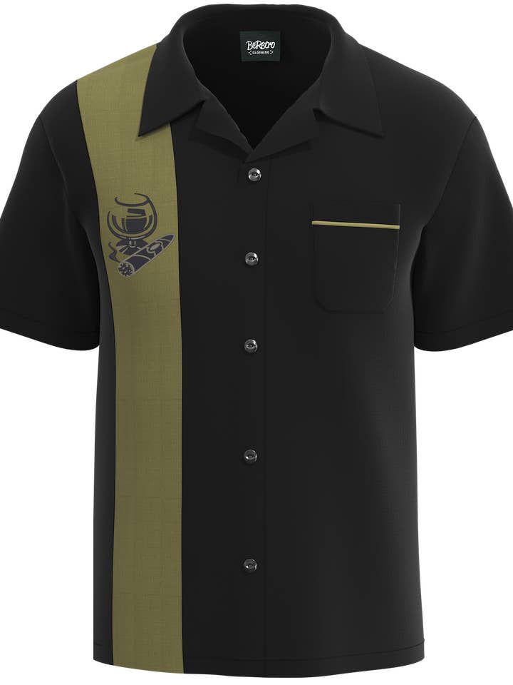 Black and Olive Green Button Down Cigar Shirt for wholesale by BeRetro Clothing