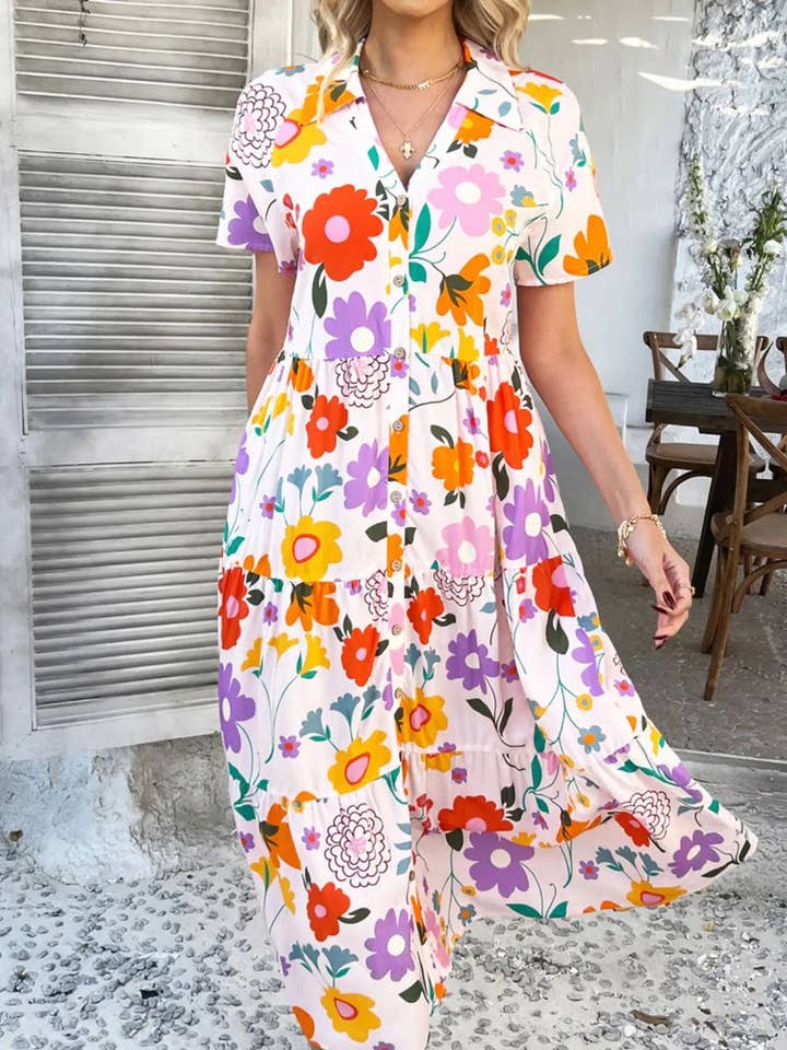 Devine Printed Johnny Collar Button Down Short Sleeve Midi Shirt Dress for wholesale by Salty Bloom