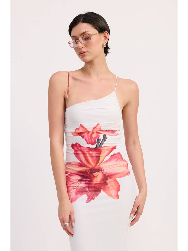 WHITE PINK FLORAL PRINTED ONE SHOULDER RECHED DRESS for wholesale on Faire