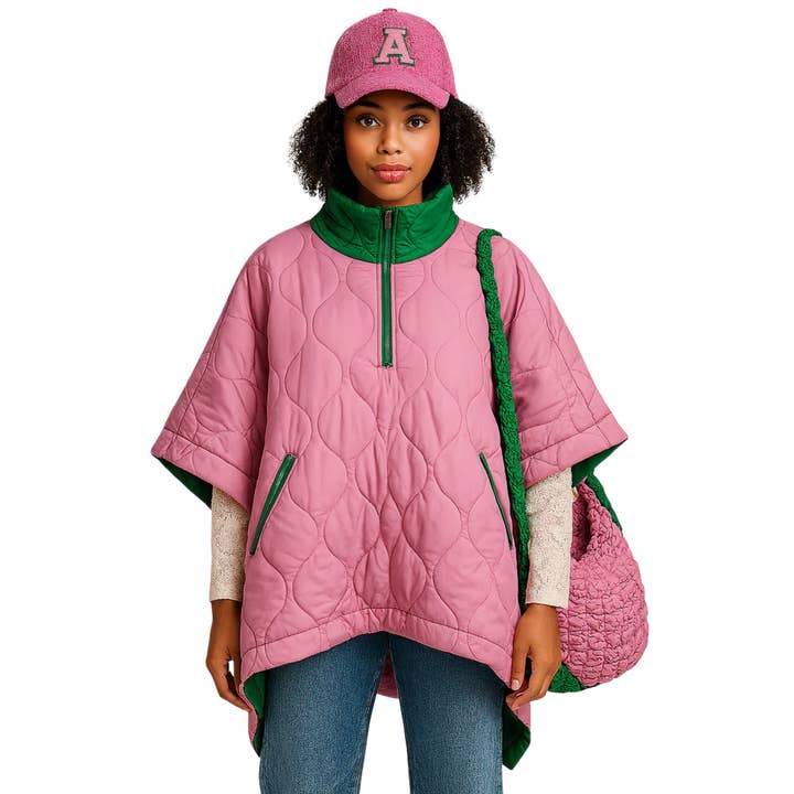 AKA Sorority Quilted Puffer Pink and Green Poncho for wholesale by PinktownUSA