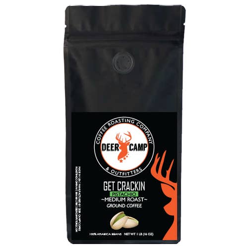 DEER CAMP® Coffee Get Crackin™ Pistachio Flavor Medium Roast for wholesale by DEER CAMP® Coffee Roasting Company & Outfitters