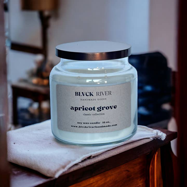 Apricot Grove 16 oz Soy Candle - Clear Apothecary Jar for wholesale by Black River Handmade Goods