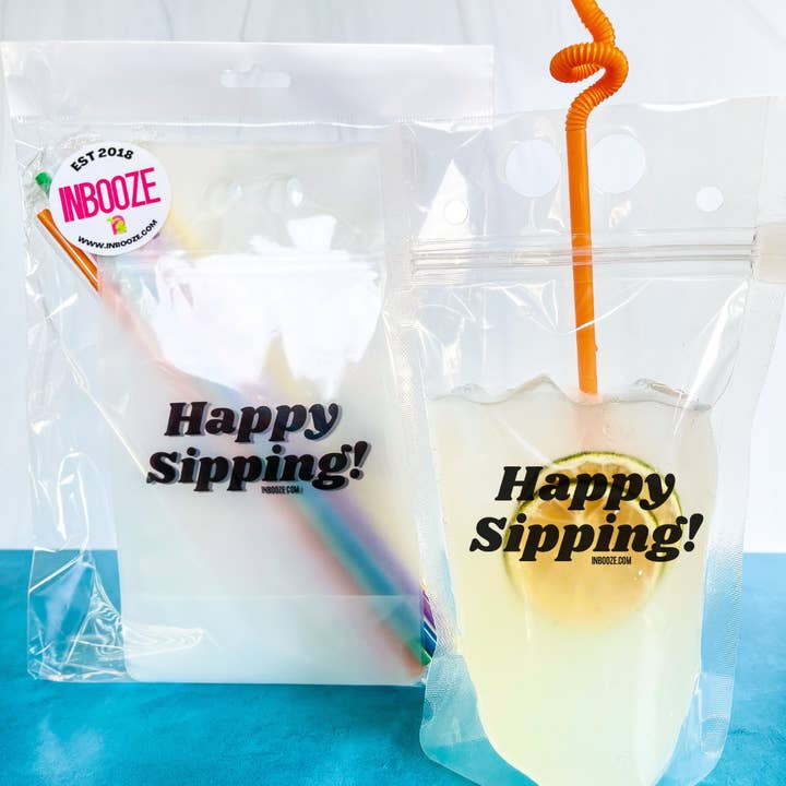 Reusable Drink Pouch - Happy Sipping! - 8 pack + straws for wholesale by InBooze
