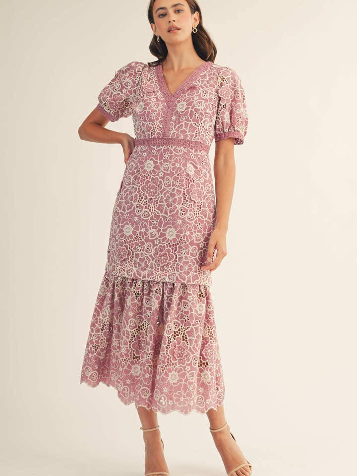 Ruffle Floral Embroidered Midi Dress for wholesale by JUST ME