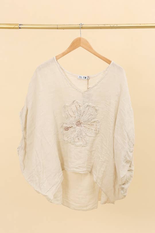 LÉA & LUC – Túnica - Mulher por atacado – Blusa com flor em linho 100% REF. 112096