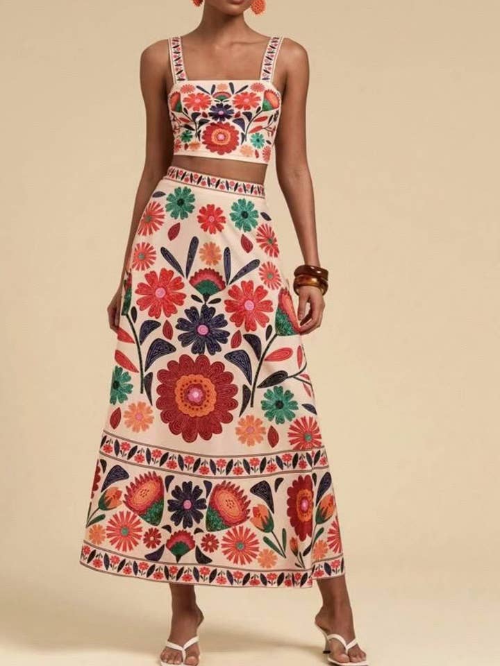Rosa Clothing - Wholesale Top & Skirt Set - Women's - Colorful Boho Floral Print Crop Top & Skirt Set