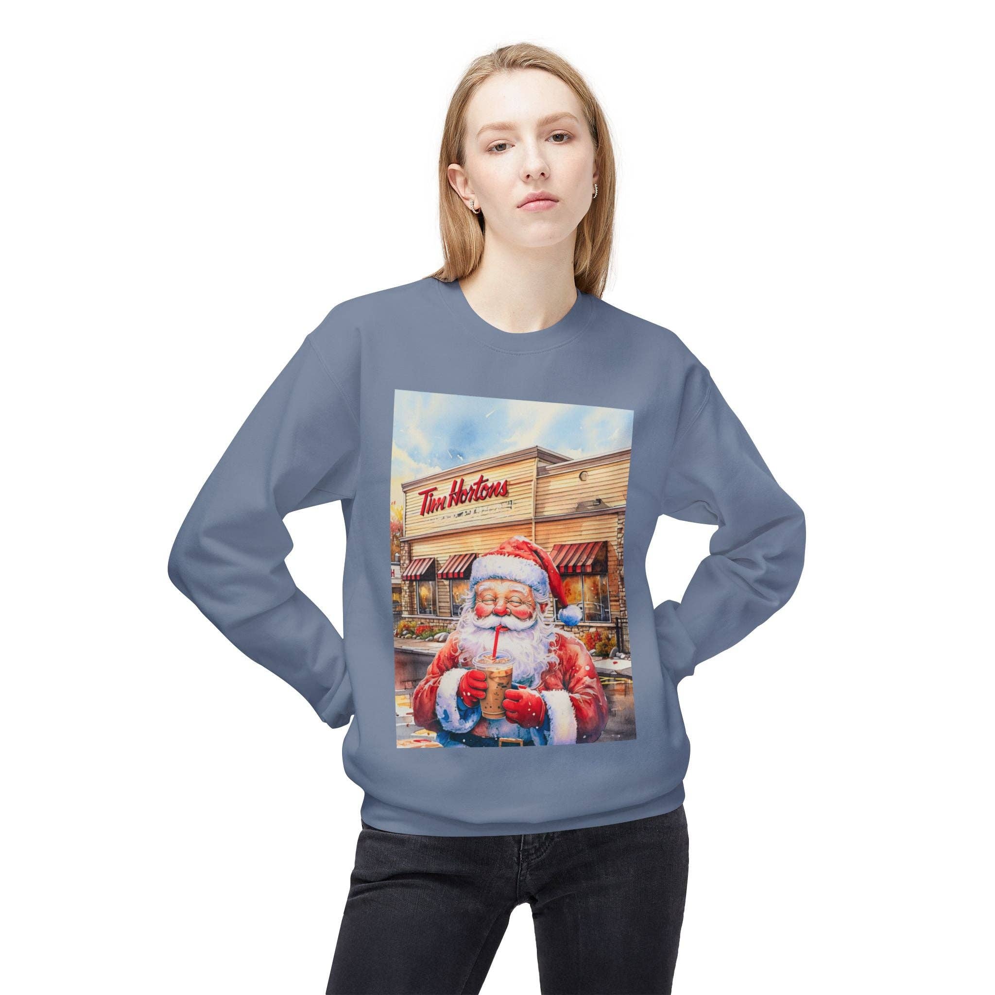 Buffalovely - Wholesale Graphic Sweatshirt - Women's - Santa with an Iced Coffee at Tim Horton's Cozy Unisex Christmas Crewneck Sweatshirt31